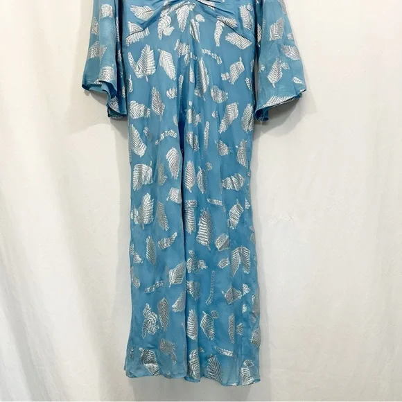 RIXO London Indra Long Bell Sleeve Metallic Print Midi Maxi Dress in Blue - Picture 7 of 14